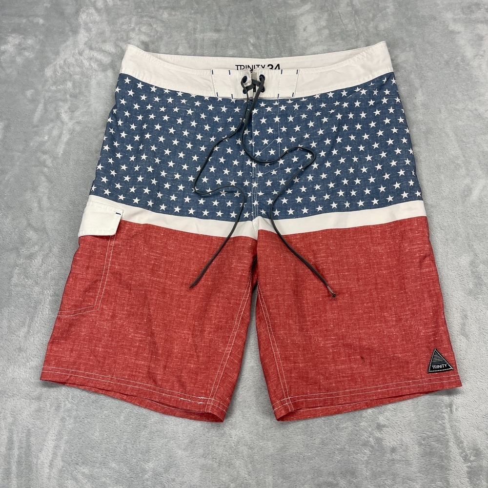 Trinity Shorts Men 34 Multi American Flag Stars Stripes Board Surfing Water Polo